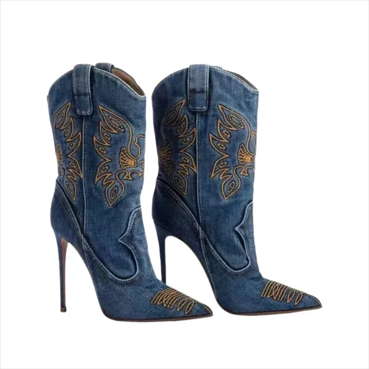 Merendy denim stiletto boots – three-quarter pair view