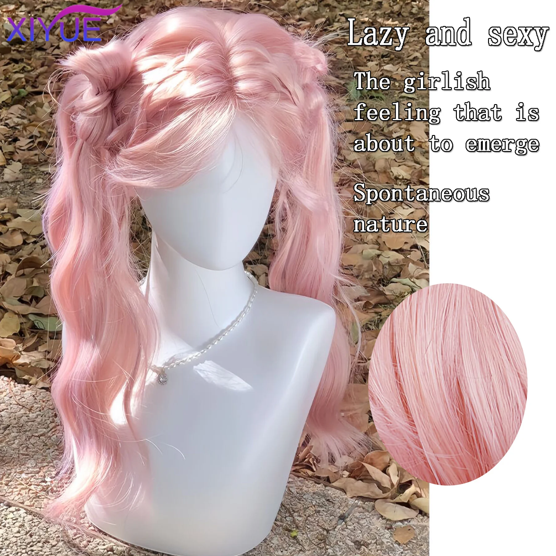 XIYUE  Light Pink Synthetic Hair Wigs Long Wavy Natural Hair Wigs with Bangs for Women Cosplay Lolita Wig Heat Resistant