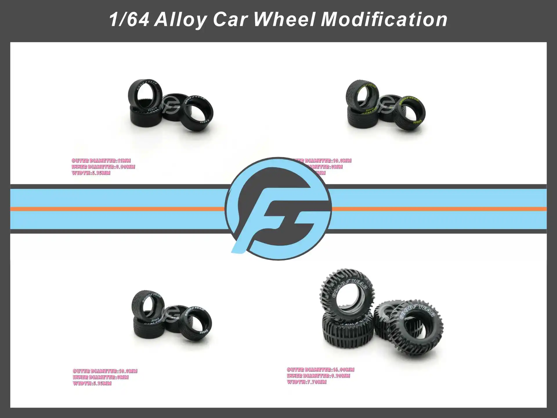 FANSGUY 1/64 Adult Car Model Wheel Parts Rubber Tire 1Set 10.8mm/11mm/12.8mm/13mm/14.5mm/16.9mm Printing Font Series