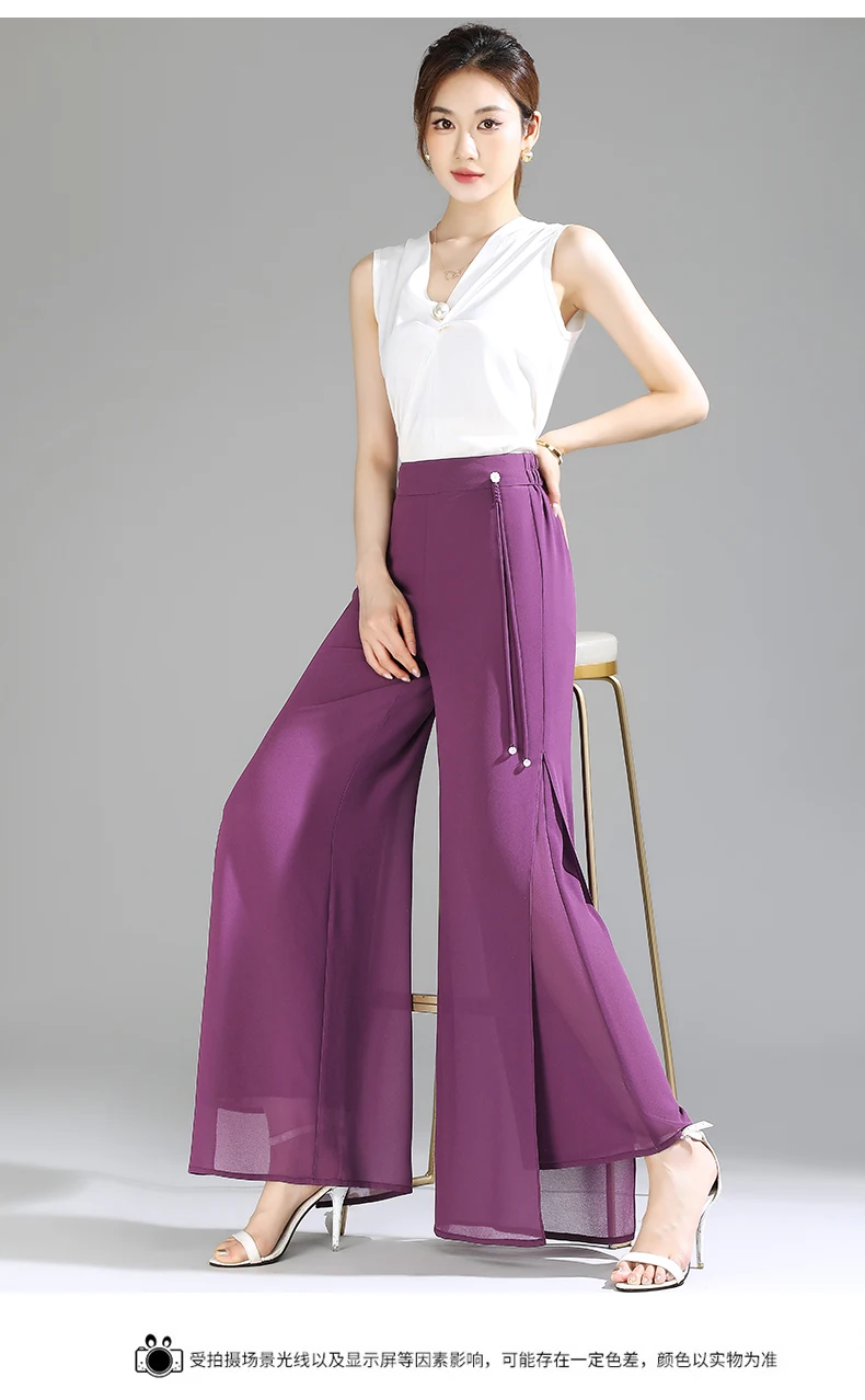 ZUZK Double Layer Chiffon Pants Fashion Slit Chiffon Pants Spring Summer Comfortable Elastic Waist Slim Chic Droop Pants