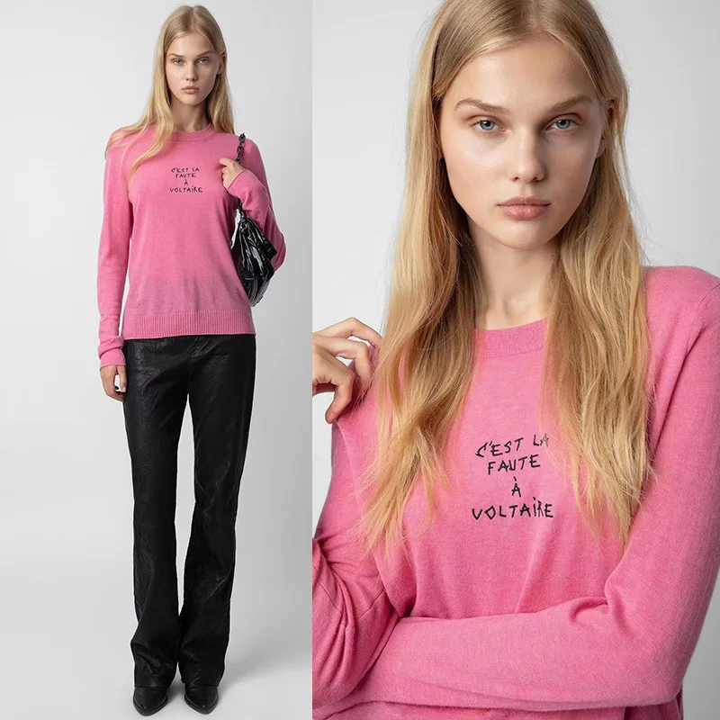 

Женские розовые кашемировые пуловеры Zadig, модный свитер с Вышивкой Букв, женский новый шерстяной Повседневный тонкий теплый пуловер с круглым вырезом