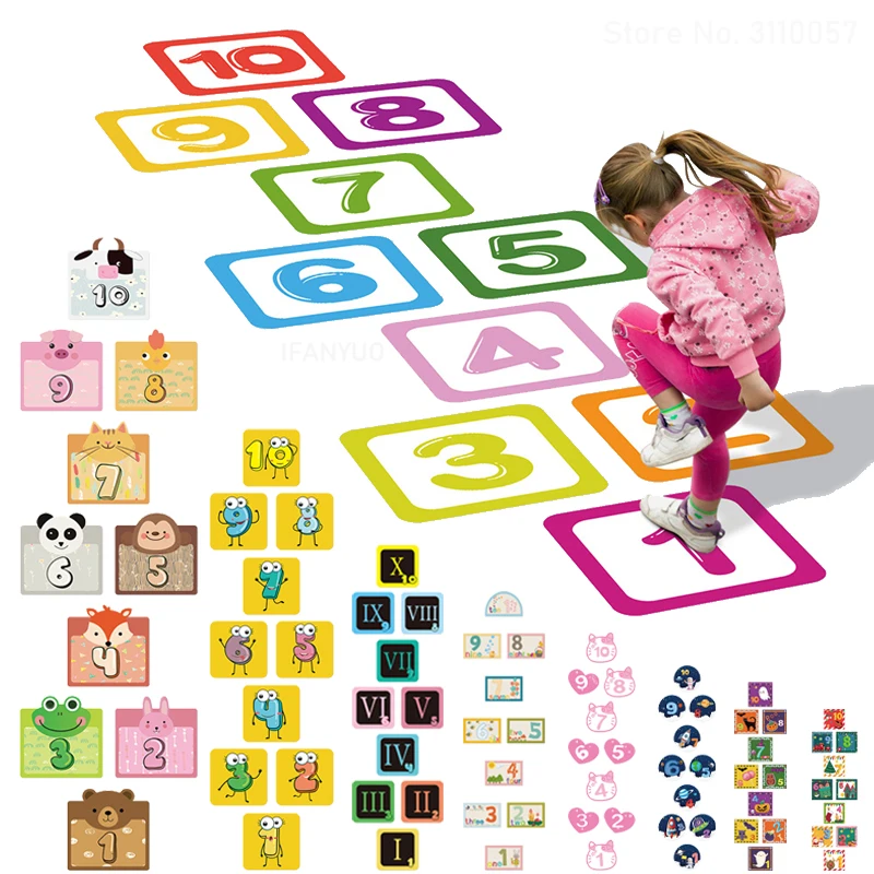 1Set Waterproof Removable Cartoon Number Grids Hopscotch Game Floor Stickers Parent-child Gift Home Nursery Kindergarten Decor