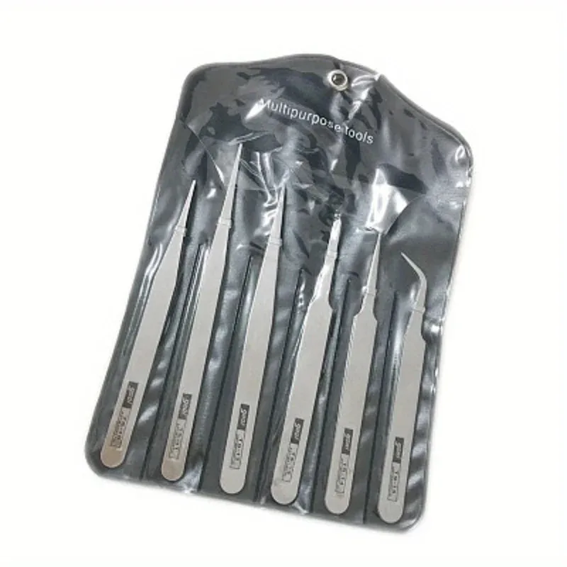 6Pcs Stainless Steel Precision Tweezers Set Industrial Grade Bent & Straight