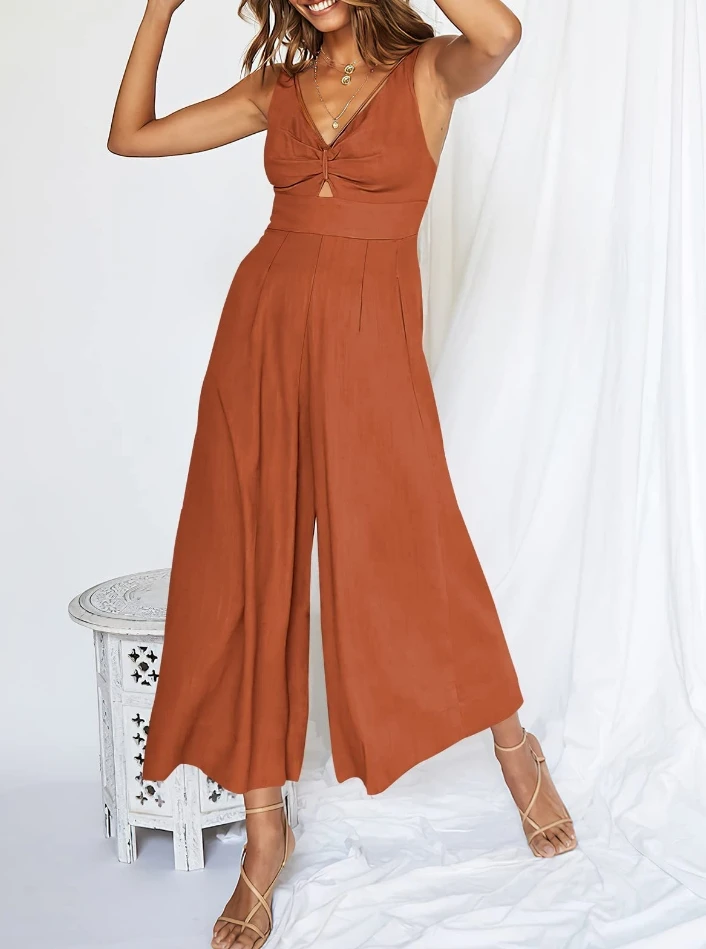 Hollowed Out Jumpsuits for Women New Casual Camisole Pleated High Waist Work Overalls Women One Pieces Bodysuit Elegant Jumpsuit