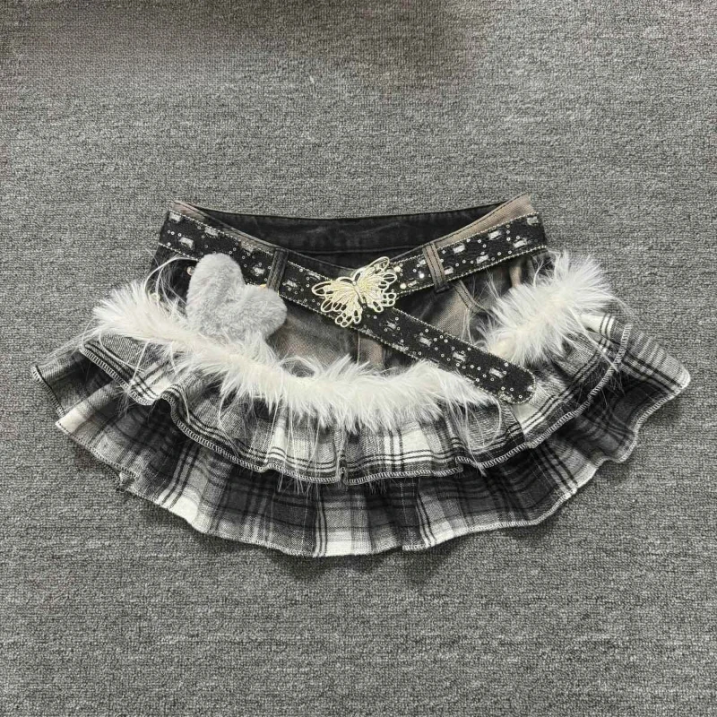 Hot Girl Aesthetic Darkly Short Skirt Gothic Grey Patchwork Plaid Cowboy Skirts Women Design High Street Vintage A-line Outfits