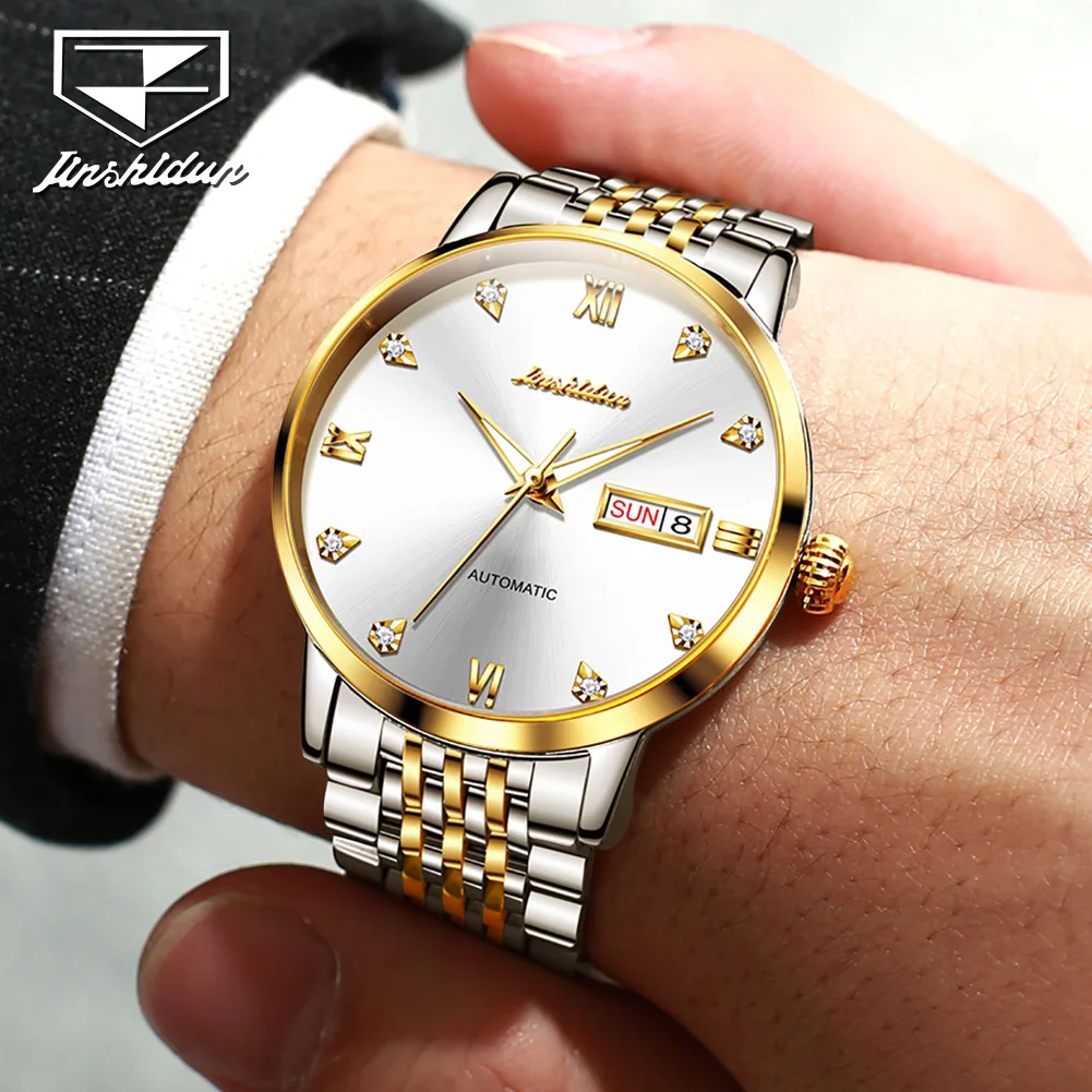 JSDUN 8807 Couple Watches Fashion Business Auto Date Stainless Steel Dress Wristwatch Original Waterproof Mechanical Watches
