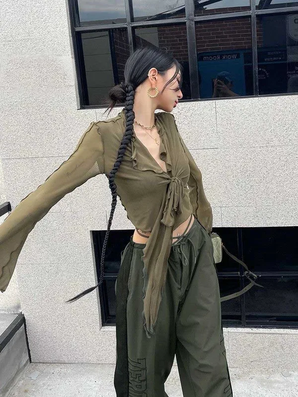 Long Flare Sleeve Blouses for Women Lace-up Mesh Sexy