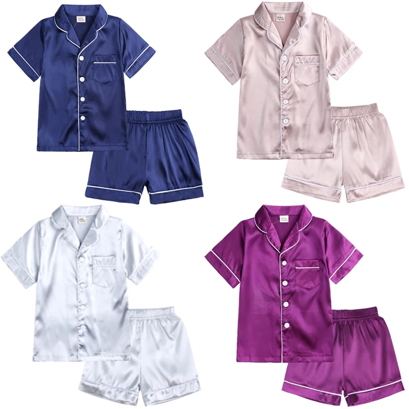Comfortable Summer Pajama Sets for Boys Girls Silk Satin Top+Pant Long Sleeve Solid Silky Pyjamas Nightgown Children Sleepwear kids clothing set kids pajamas set kids pajamas pajama sets