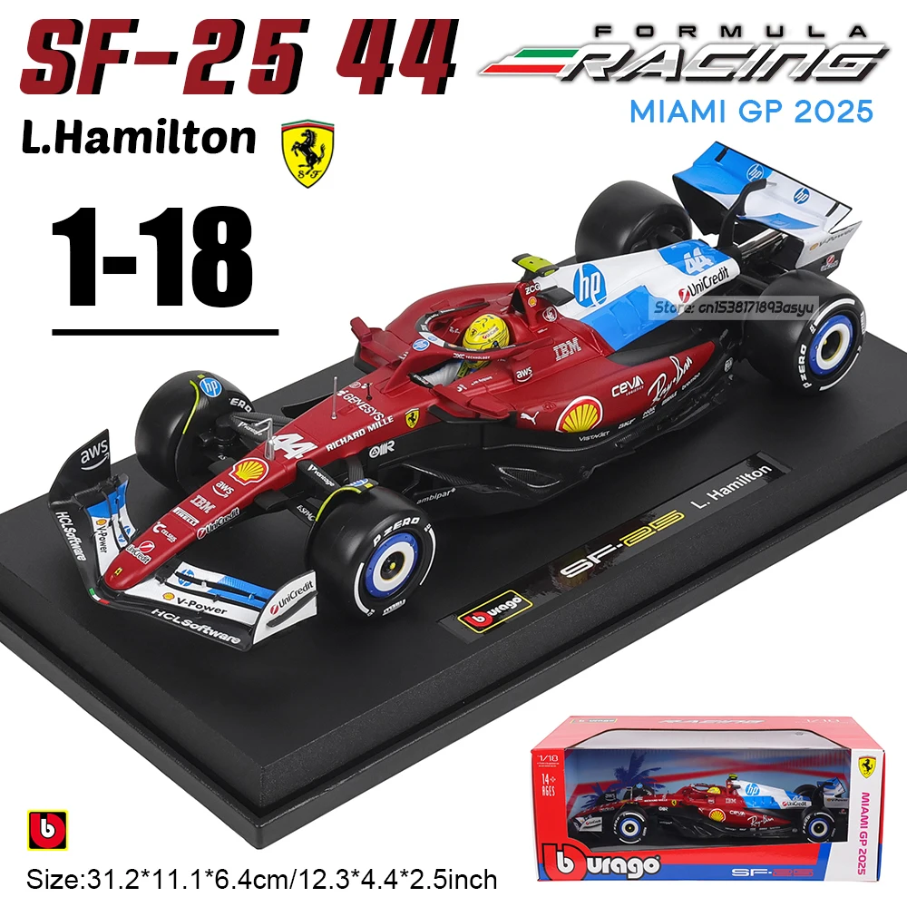 Bburago 1:18 2025 F1 Ferrari Miami Painting SF25 # 16 Charles Leclerc # Modelo de coche de aleación de simulación de Lewis Hamilton 44, juguete fundido a presión