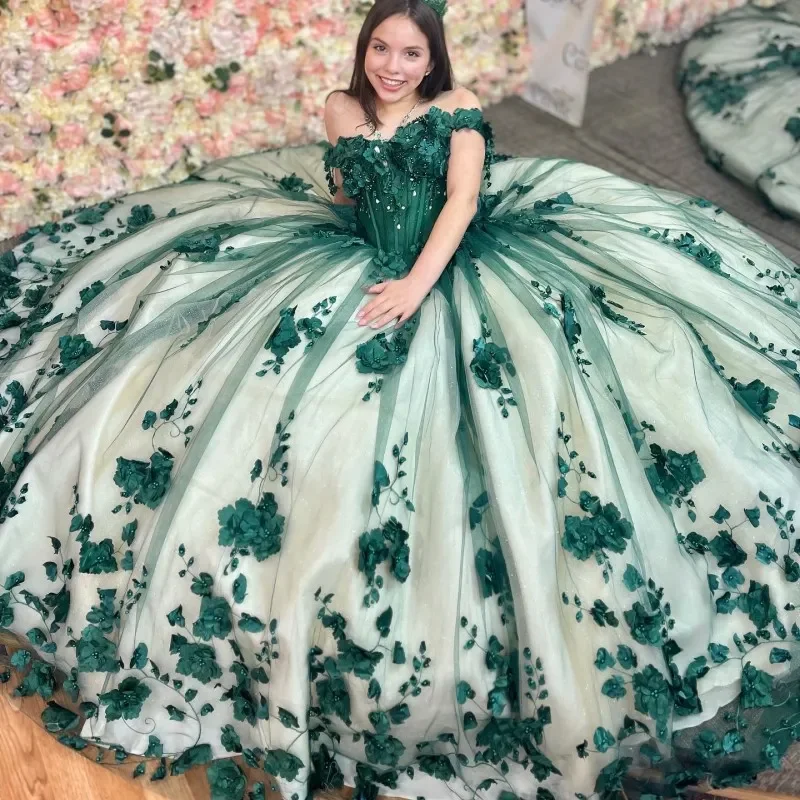 

Зеленое платье с открытыми плечами ANGELSBRIDEP, пышное Тюлевое платье с 3D цветами и бисером, пышное платье принцессы на день рождения, 15 лет