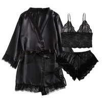 Black Sexy Women's Pajamas Satin 4-piece Lace Silk Suspender Tops Shorts Robe Pajamas Set Nightgown Underwear Nightdress Suit - Image 2