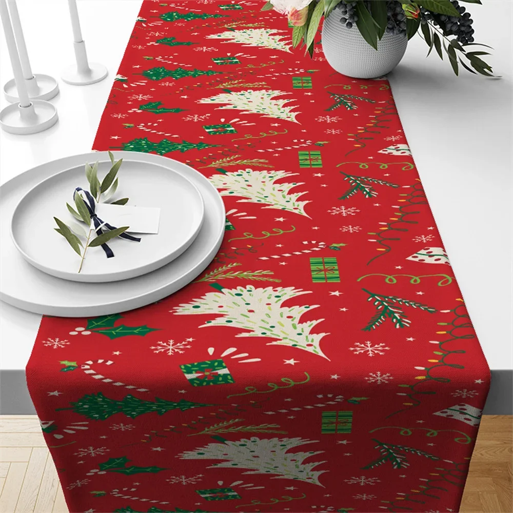 Simple Christmas text Table Flag Christmas Tree Snowflake plaid table Runner Family Holiday party Kitchen table Christmas