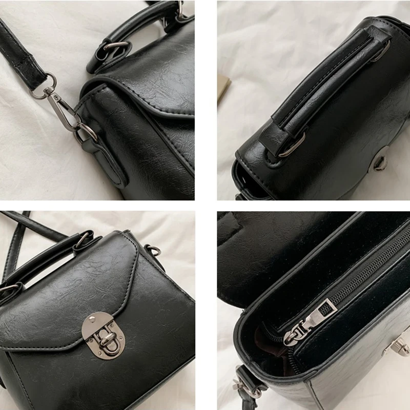 Must väike crossbody kott sangaga, esitatud neljas vaates, rõhutades kotti metallist detailide, tõmbluku ja pehme nahklaadse materjaliga.