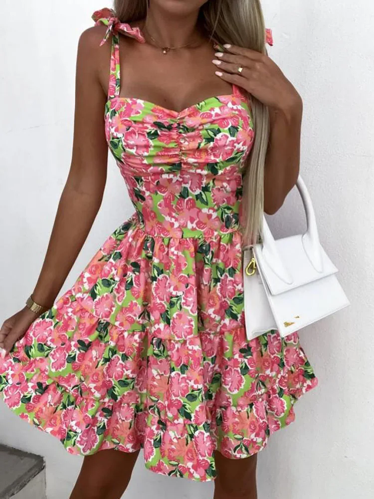 

2023 Elegant Bohemian Floral Dress Women Tie-Up Straps Sleeveless Ruffle A-line Short Dress Casual Sexy Summer Dresses Female