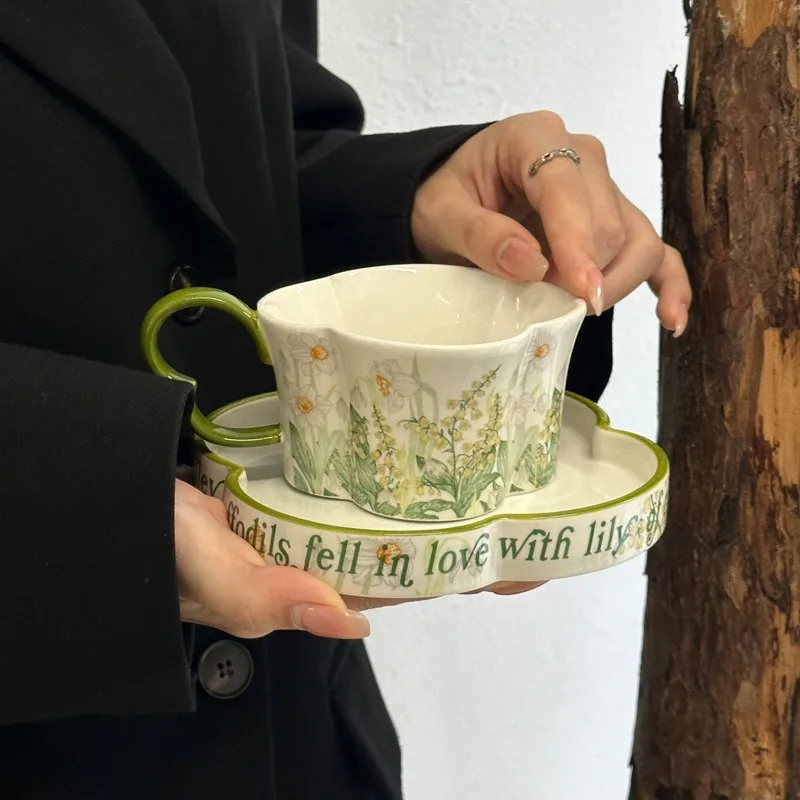 Luxury Unique Ceramic Coffee Mug - Oil Painting Clover Windbell Flower, Elegant Cup Saucer Gift for Women Elegant Ceramic Mug