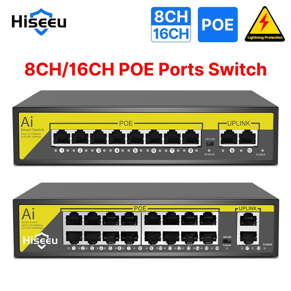 Hiseeu 8/16 포트 POE 스위치 이더넷, IP 카메라, CCTV 보안 카메라 시스템, 무선 AP ft, IEEE 802.3 af/at, 10 Mbps, 100Mbps, 48V
