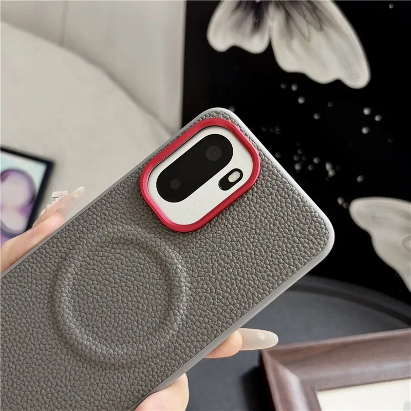 Luxury Magnetic Lychee Pattern PU Leather Non-Slip Phone Case with Metal Camera Frame