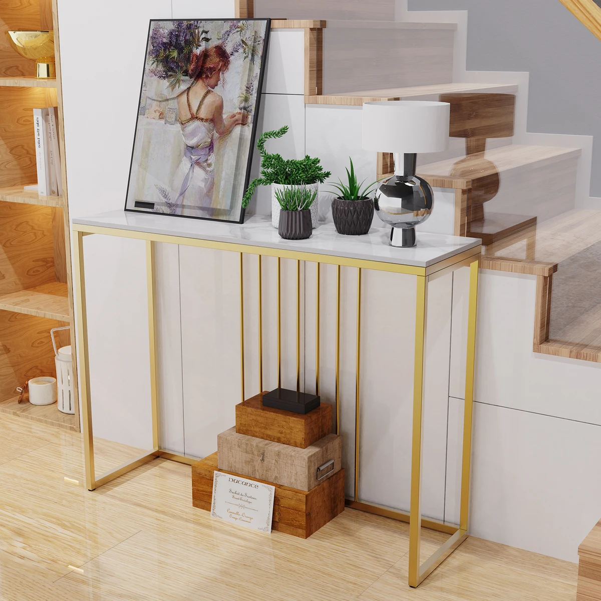 Modern Accent Console Marble Table Gold Metal Frame Storage Display Shelf Narrow Table for Hallway Entryway Living Room Entrance — view 2