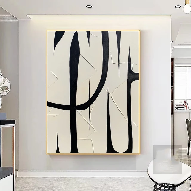 Large Black White Abstract Hand Painted Oil Painting On Canvas Wabi Sabi Texture Wall Art Modern Minimalist Entrance Wall Decor
