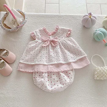 Korean-style summer baby girl sweet cute hollow bow top hollow triangle shorts 2 suit, summer baby girl fashion 2 suit, very sui 1