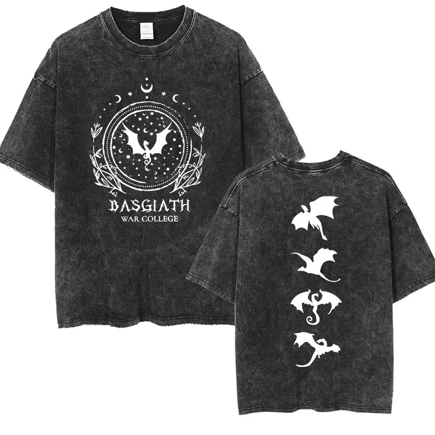 Basgiath War College Vintage Washed  T Shirts Fourth Wing Dragon Rider Print Short Sleeve T-shirt Men's Fashion Oversized Tshirt