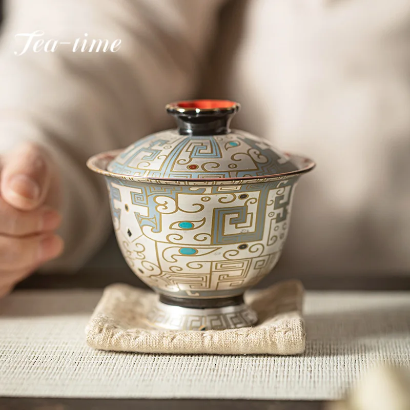 150ml Chinese Enamel Colored Gaiwan Ancient Hand Grasping Bowl Tea Lid Set Tea Tureen Maker Cover Bowl Items Ornaments
