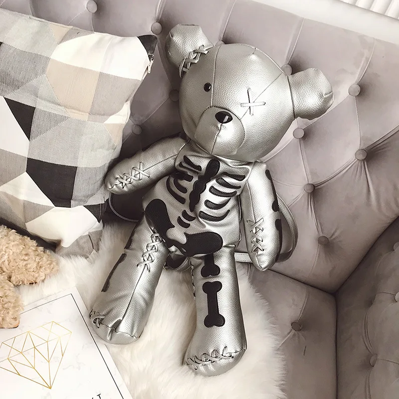 Skeleton Bear Backpack PU Leather Artistic Personality Thriller Single Shoulder Crossbody Backpack Halloween Backpacks 4