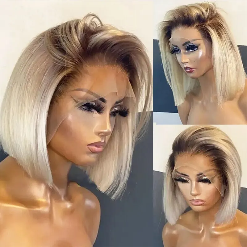 S36eec9c71927494d8039c6aaef6309beB Short Bob Wig Ombre Blonde Lace Front Synthetic Wigs For Women Straight 150 Density 13x3 Colored Dark Roots Glueless Wig Mallzona