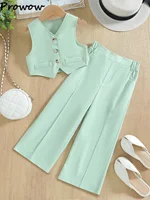 4-10Y 2pcs Summer Casual Suit For Girls Clothes Kids Sleeveless Blazer Vest and Long Suit Pants Children Clothing Girl Outfit