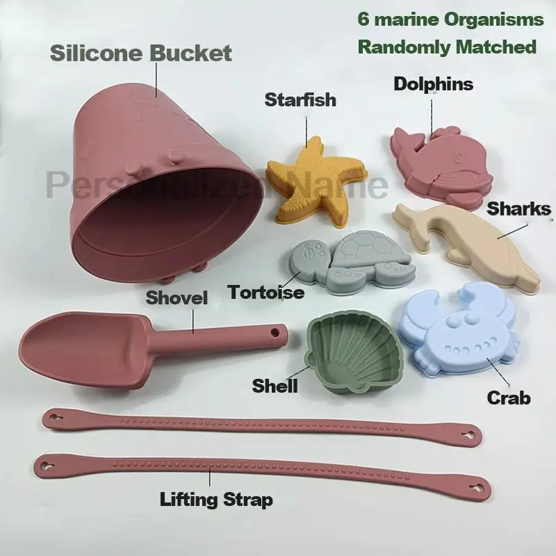 Silicone Toys Set Collapsible Sand Toys Travel Sand Box Toys Sand Bucket Shovel and3D Marine Theme Molds for Summer Outdoor Toys 4
