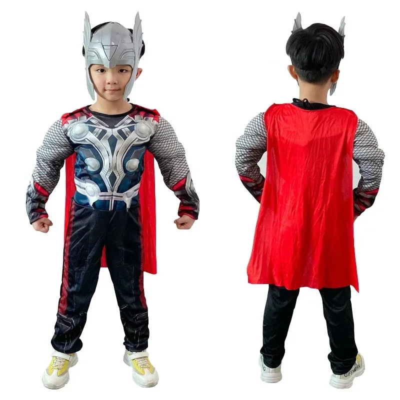 Superhero Cosplay Costume Halloween Carnival Clothes for Children Kids Thor Muscle Costume Superhero Thor Cosplay Muscle Costume Jumpsuit Mask Hammer
