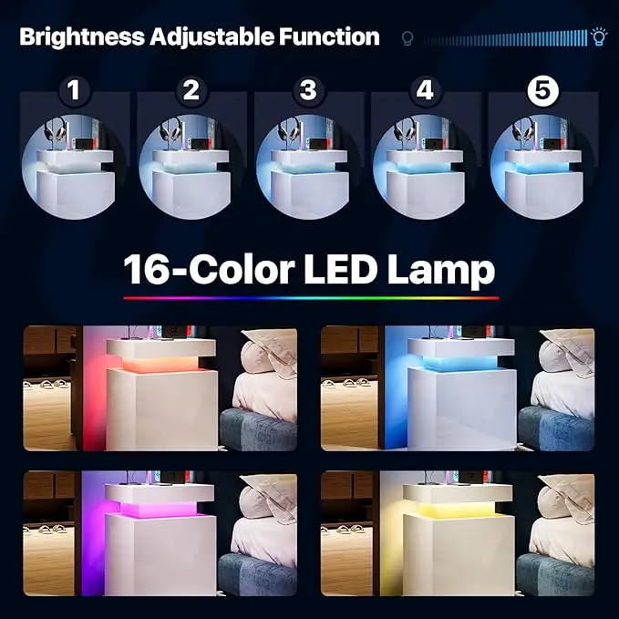 Nightstand Set of 2, LED Nightstand with One Cabinet, Bedside Table with LED Lights, Modern End Side Table for Bedroom, White