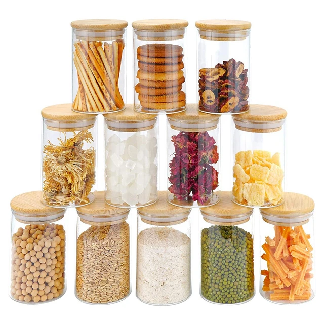 12Pcs Glass Jars Set(300Ml),Clear Spice Jars with Bamboo Lids
