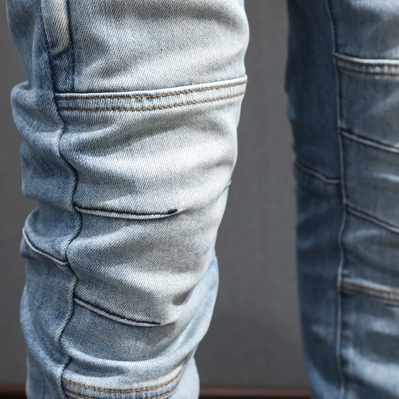 Street Fashion Men Jeans Retro Light Blue Elastic Slim Fit Spliced Biker Jeans Men Zipper Pocket Patched Designer Hip Hop Pants