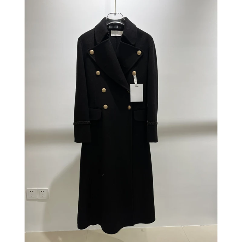 

Double-sided Cashmere Women's Long Coat Double Row Hardware Buckle Lapel Super Long Coat Luxury Brand Cuff Webbed Trench Coat