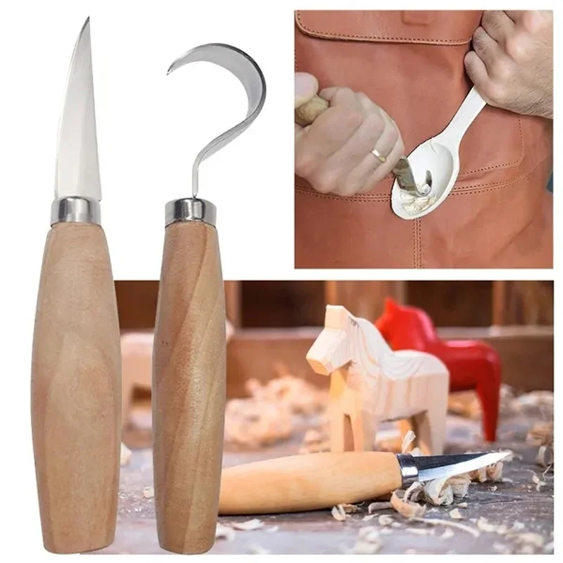 1pcs/2pcs New Stainless Steel Woodcarving Cutter Woodwork Sculptural DIY  Wood Handle Spoon Carving Knife Woodcut Tools Kit