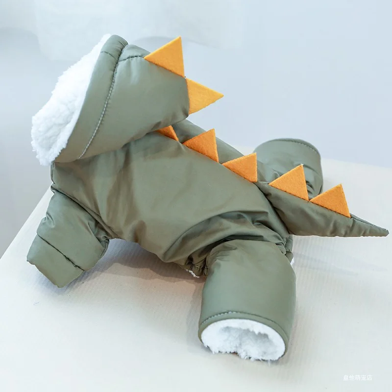 Pet Jacket 1PC Pet Clothing Dog Plush Insulation Plush Winter Snowy Green Dinosaur Cotton Coat Suitable for Small and Medium sized Dogs