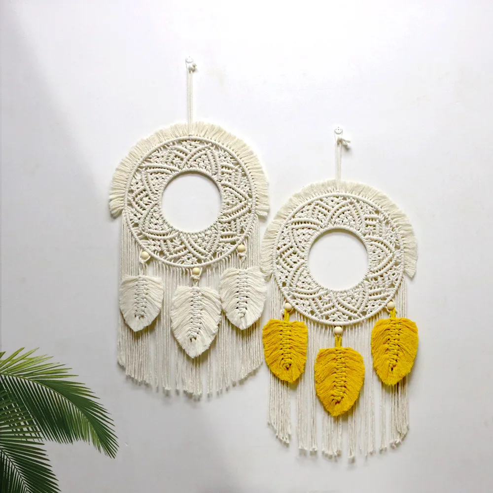 

Macrame Boho Tapestry Wall Hanging Hand-Woven Bohemian Art Tassel Feather Decoration Cotton Rope Leaf Tapestry Dream Catcher Dec