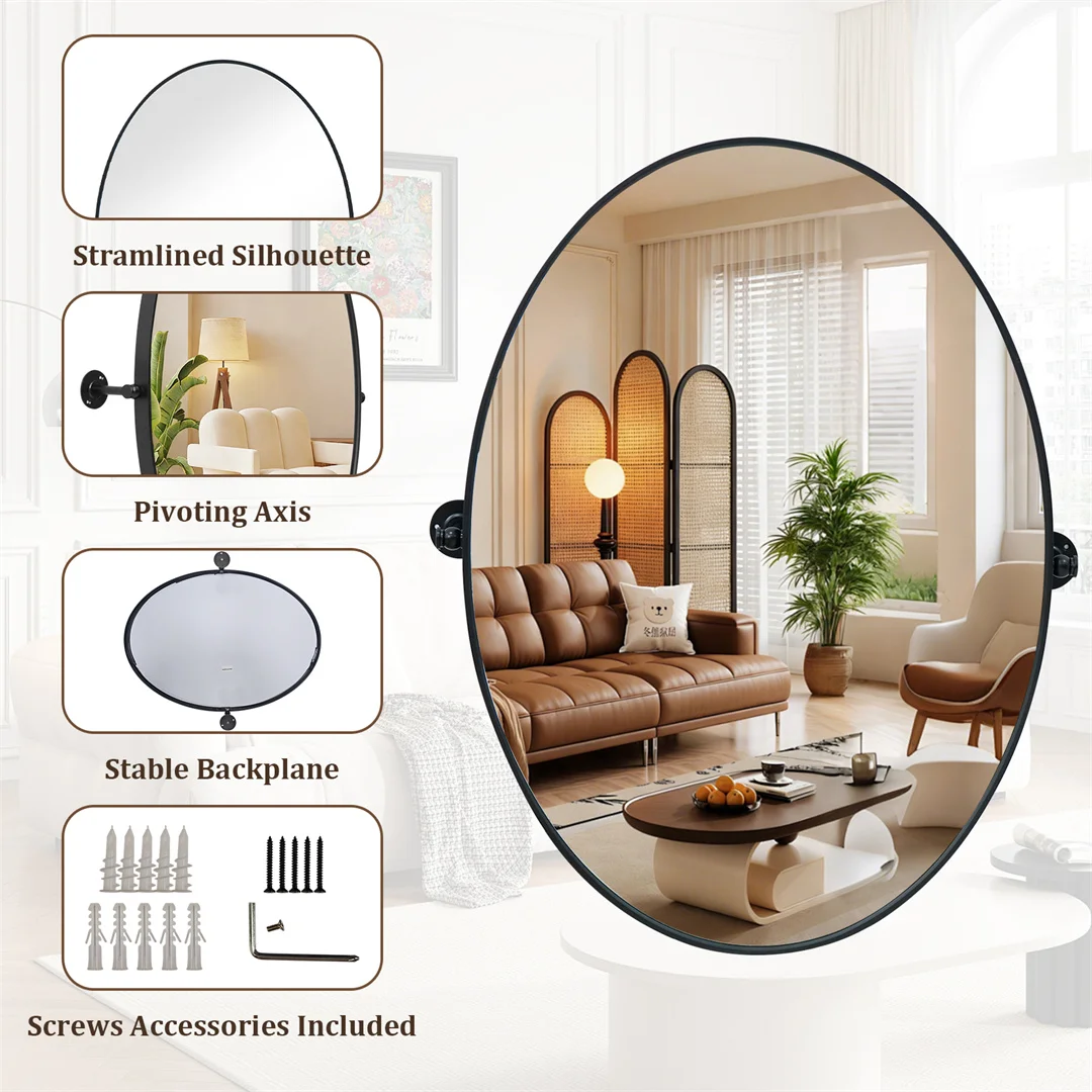 LUVODI Tilting Bathroom Mirror: 20”x28” Oval Black Pivot Mirror Wall Mounted Vanity Mrror