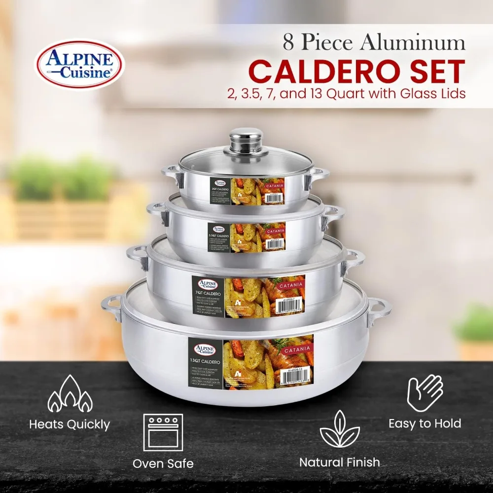 8 Piece Set Aluminum Caldero Stock Pot with Glass Lid, Commercial Grade Cooking Dutch Oven，Glass Lid