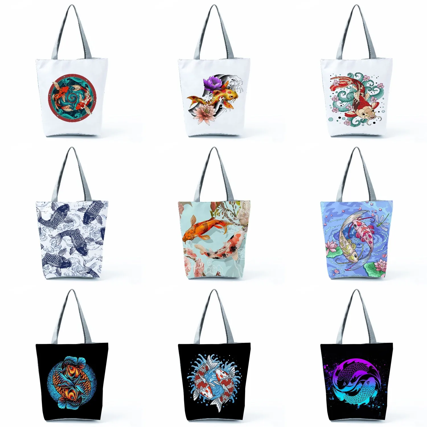 

High Capacity Shopping Bag Personality Animal Painting Women Shoulder Bags Pretty Koi Handbags Foldable Art Printed Beach Totes