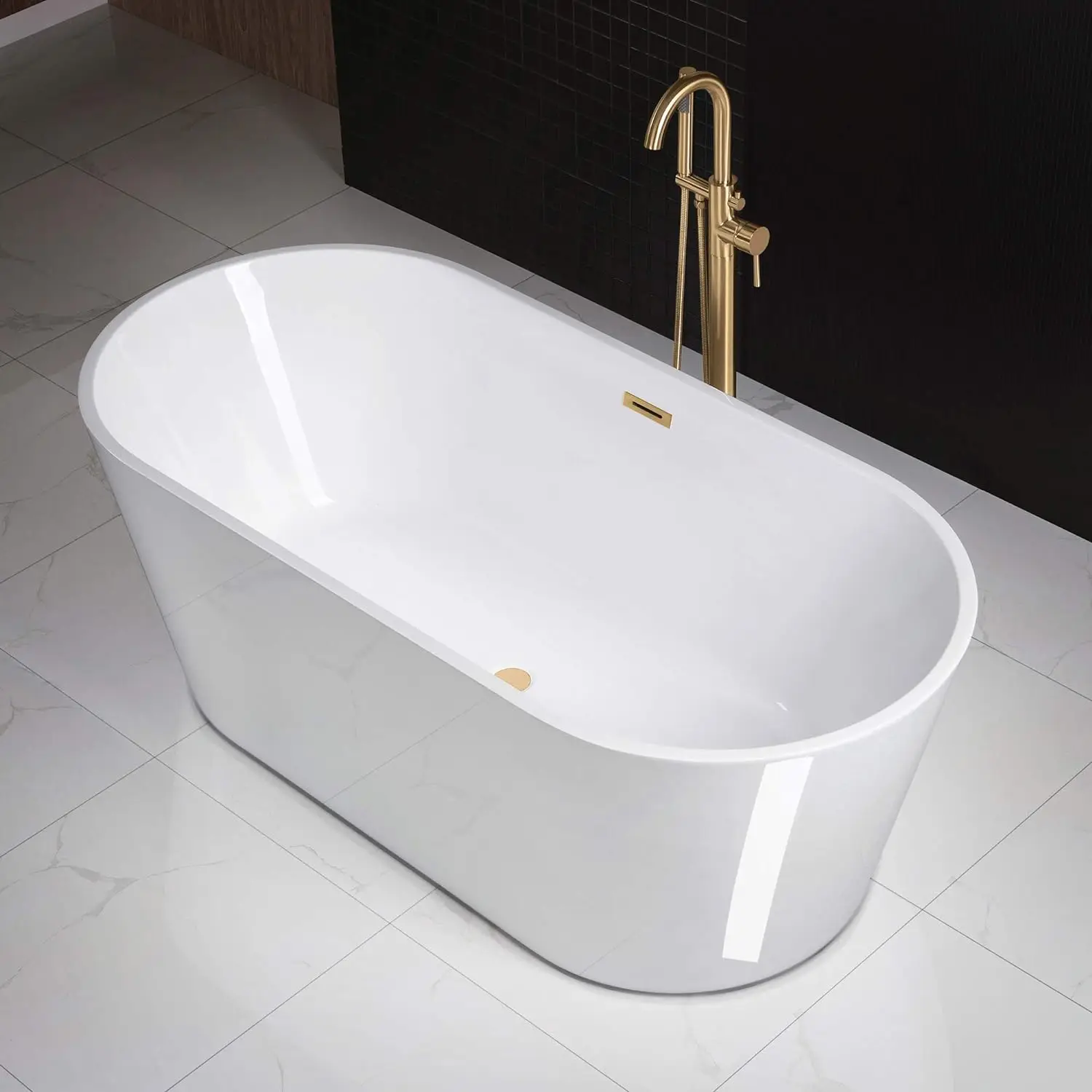 Acrylic Freestanding Bathtub Contemporary Soaking White Tub with Brushed Gold Overflow and Drain Easy to clean bathtub 3
