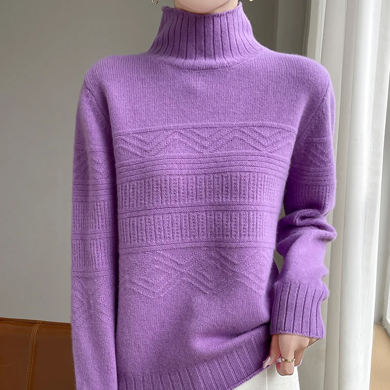 Women Autumn Solid Half High Collar 100 Wool Sweater main image 1