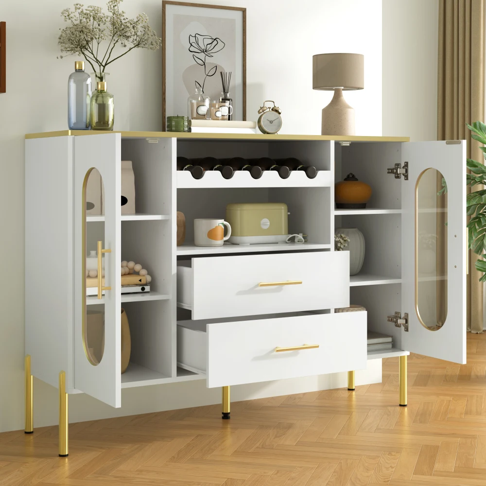 PINGGO Modernes Sideboard mit Glasfronten, Weinregal, Verstellbaren Füßen und Stauraum für Esszimmer und Wohnzimmer – Detail 5