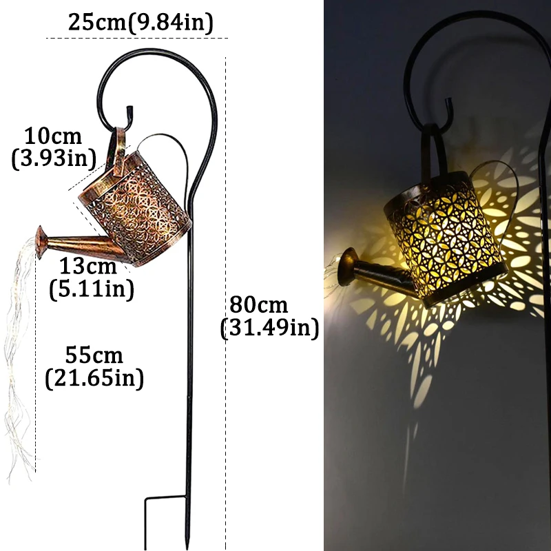 Outdoor Garden LED Solar Powered Hollow Out Can Sprinkles Fairy Lights Waterproof Metal Watering Can Landscape Decor Lights