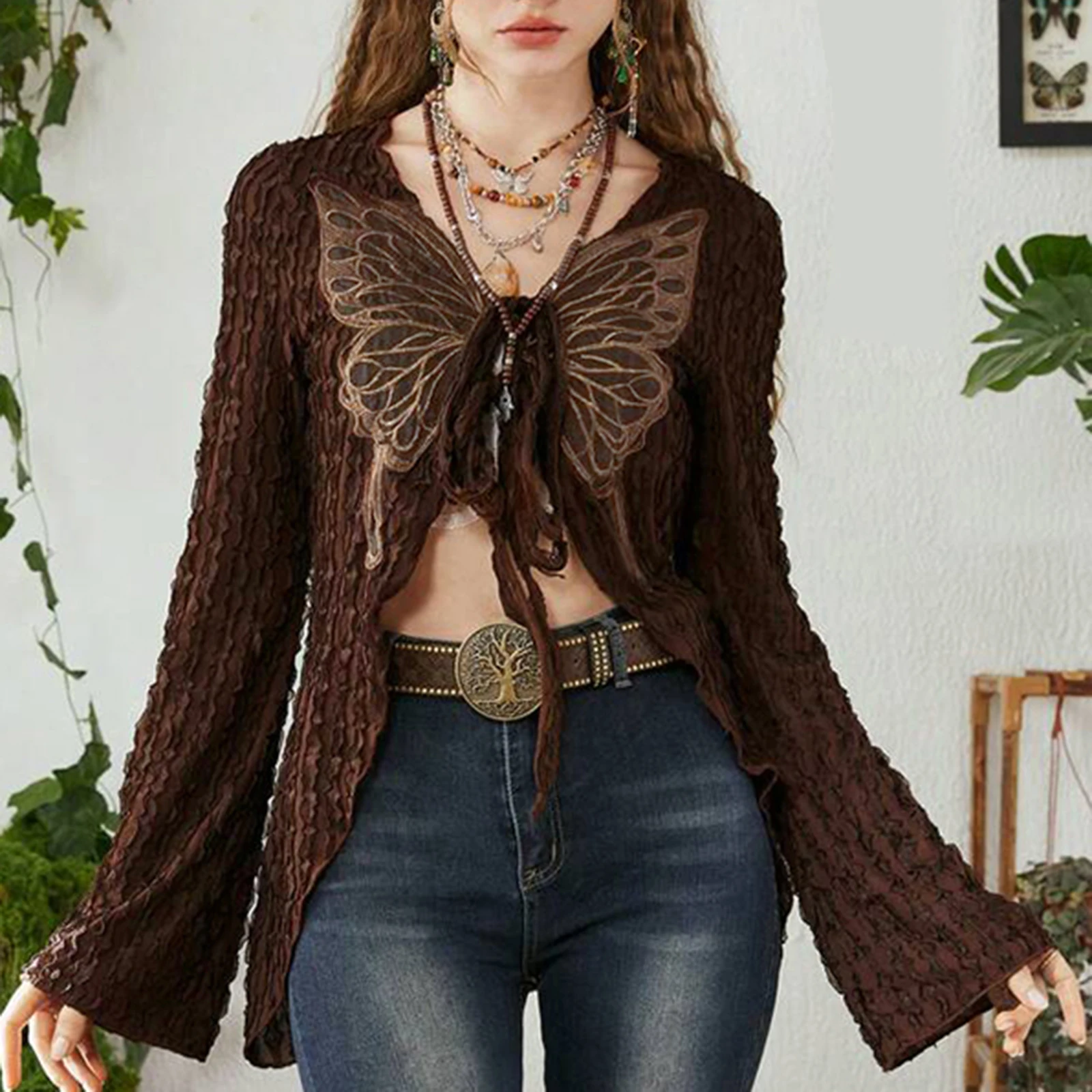 

Women's Vintage Casual Blouse Tops Long Sleeve Butterfly Print V-Neck Front Tie Up T-shirt Streetwear