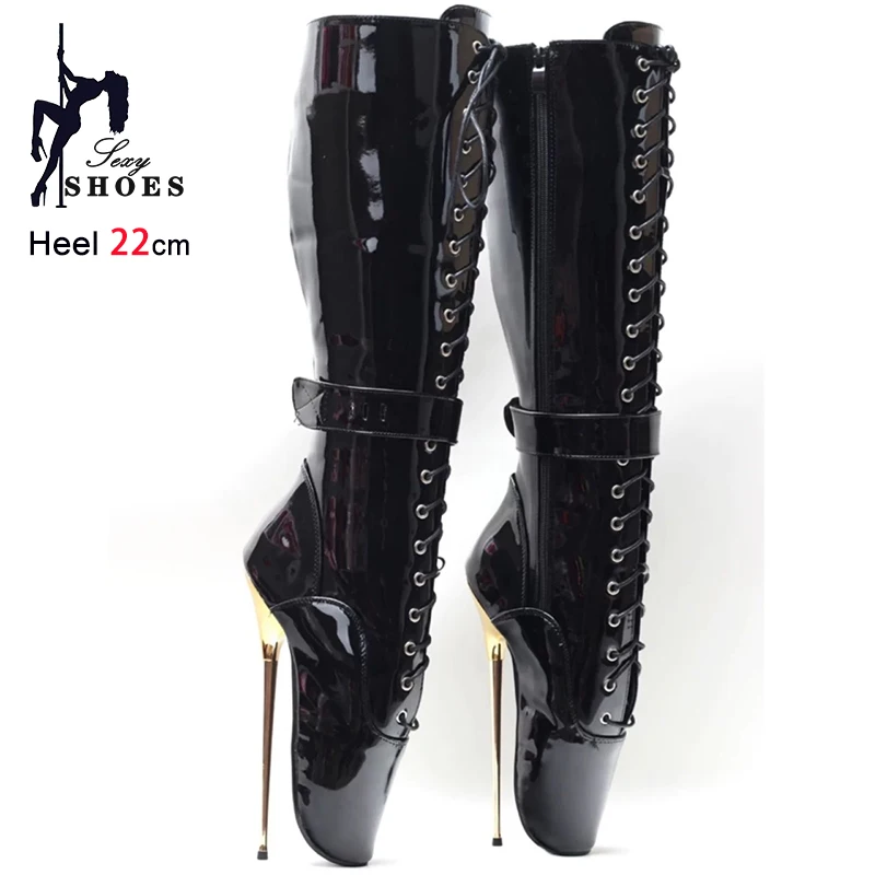2025 New style Lace-up Ballet Boots Gothic stiletto heel Shoes sexy Fetish Club wear Women 22CM Metal Fine Heel Mid-calf Boots