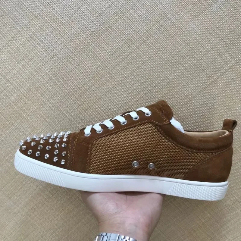 

Low Top Red Bottom Shoes For Men Luxury Brand High Trainers Driving Spiked Bar Silver Rivets Toecap Brown Suede Genuine Leather