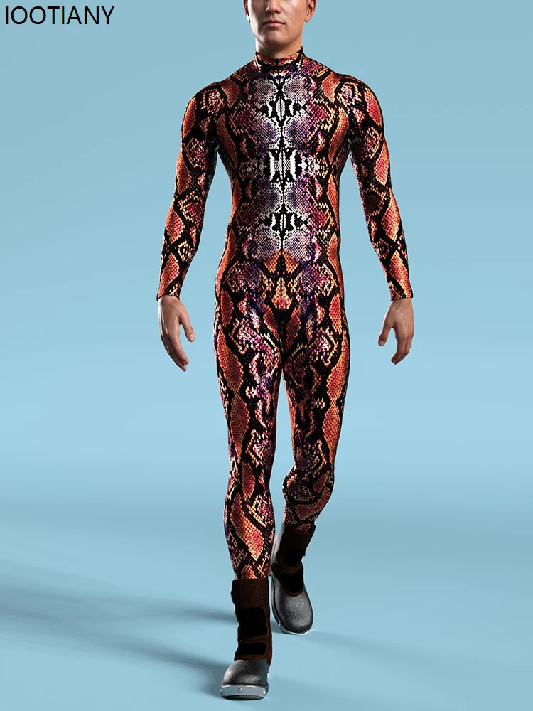 Cosplay Costume Men Snake Skin Print Jumpsuit Halloween Animal Zentai Suits Holiday Party Bodysuit Punk Masquerade Catsuits Rave Outfits
