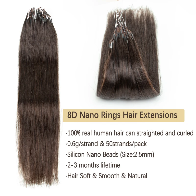 8D Micro Link Hair Extensions Human Hair Nano Rings With Fish Line Extension Invisible Mechine Remy 0.6g/pcs 50strands/pack